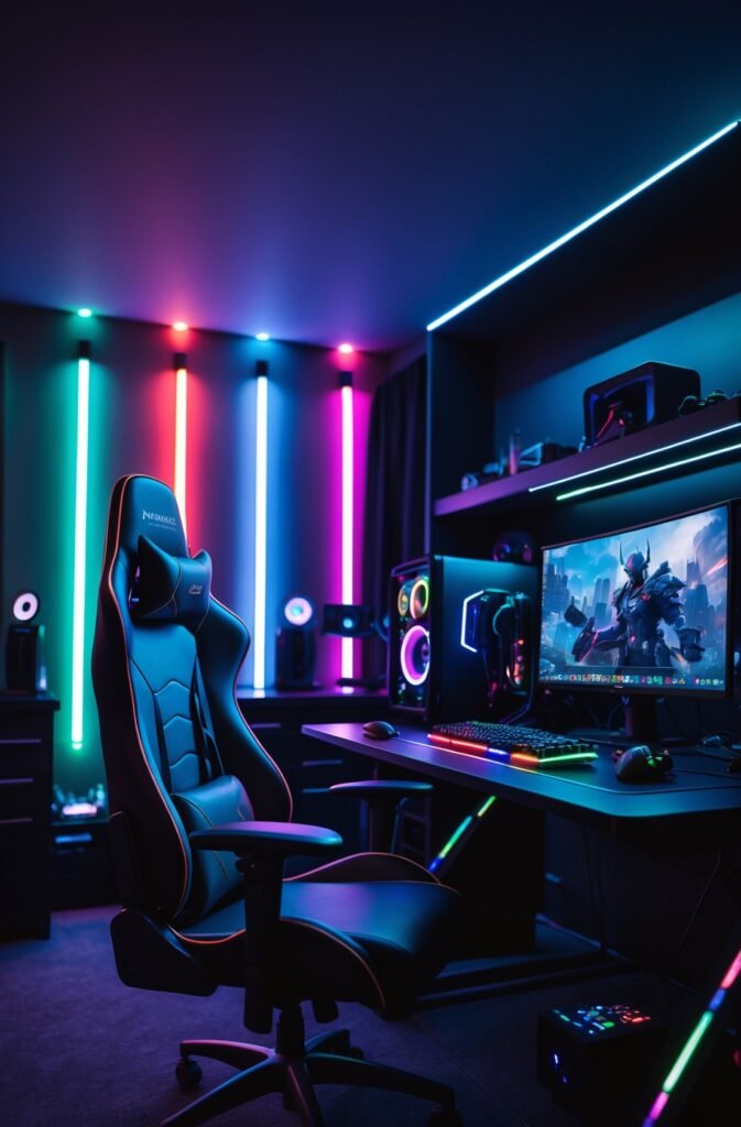 A dark gaming room illuminated by vibrant neon lights in cyan, magenta, and blue, featuring a black ergonomic gaming chair facing a desk with a PC setup, monitor displaying a game, and RGB peripherals.