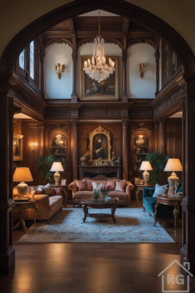 An elegant, high-ceilinged Tudor-style living room viewed through an archway, featuring extensive dark wood paneling, a large crystal chandelier, traditional sofas in terracotta and teal velvet, ornate tables, and a prominent fireplace.