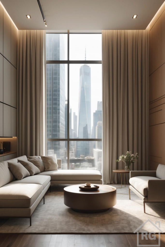 A modern living room with neutral tones features a beige sectional sofa and armchair facing a large window with floor-to-ceiling beige curtains, revealing a bright city skyline view. A round wood coffee table sits on a beige rug, with wood paneling on the right wall.
