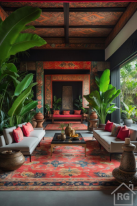 A luxurious Balinese-inspired living room featuring modern grey sofas, vibrant red patterned rugs and wall details, large tropical plants, dark wood accents, and a decorated ceiling, viewed from a slightly elevated angle.