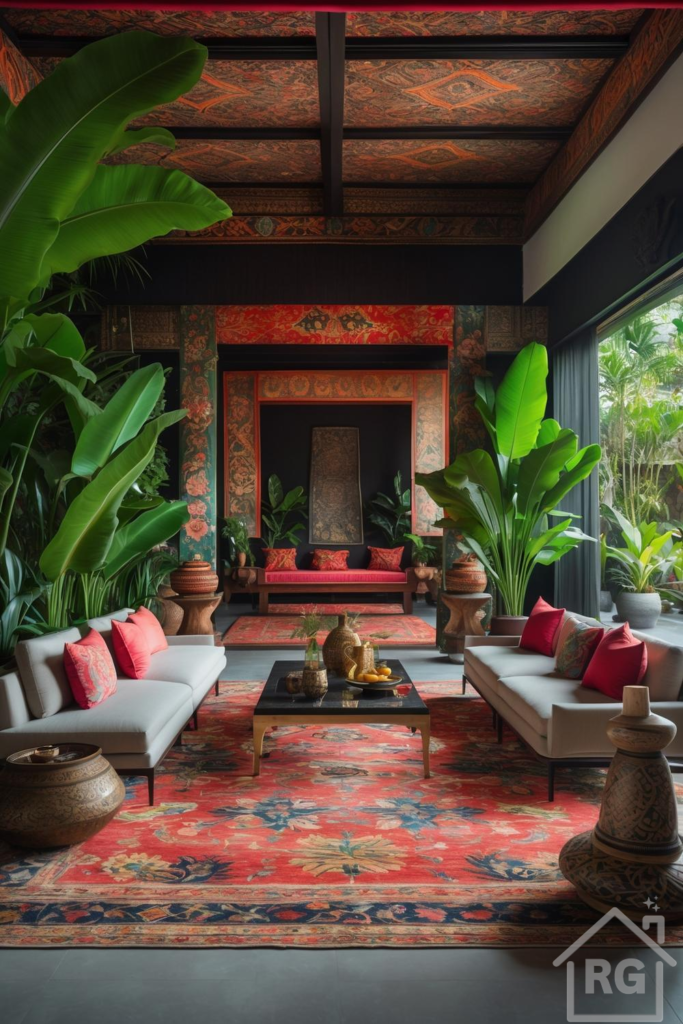 A luxurious Balinese-inspired living room featuring modern grey sofas, vibrant red patterned rugs and wall details, large tropical plants, dark wood accents, and a decorated ceiling, viewed from a slightly elevated angle.