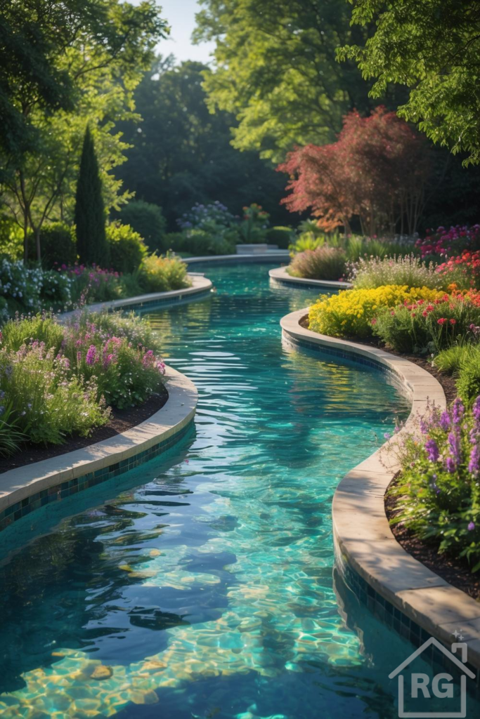 A winding lazy river pool with clear turquoise water flows through a lush garden filled with green trees, shrubs, and colorful flower beds under bright sunlight.