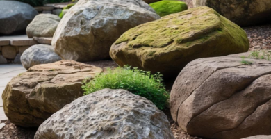 A backyard landscape featuring large, natural boulders of varying sizes and colors arranged on a bed of gravel and wood mulch, edged by stone pavers. Green ground cover plants grow amongst the rocks, with a wooden fence and trees in the background.