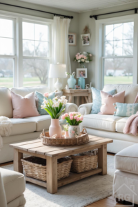 A bright, cozy living room decorated for Spring featuring cream sofas with pastel pink and blue pillows, a rustic wooden coffee table with flowers and wicker baskets below, and large windows.