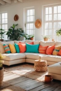 A sunlit living room featuring a large cream L-shaped sofa adorned with bright teal, coral, and yellow pillows. A woven rug lies on the wooden floor next to a rattan side table, with large windows and green plants in the background.