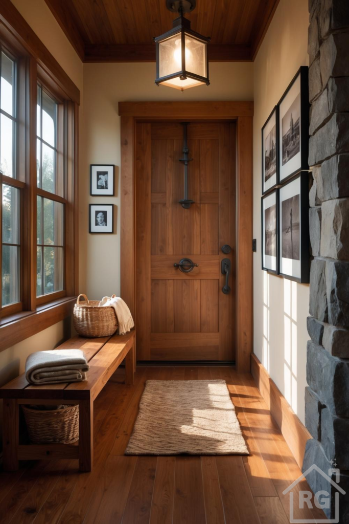 A warm, rustic entryway featuring a solid wood front door, wood floors and ceiling, a wooden bench with blankets, a woven area rug, a stone accent wall, large windows, and a lantern-style ceiling light.