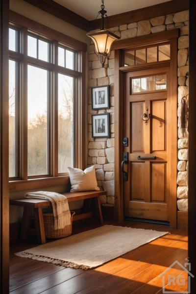 A warm, sunlit Craftsman entryway featuring a natural wood door and bench, stone accent wall, hardwood floors, large window, and a hanging pendant light.