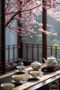A traditional ceramic tea set rests on a wooden table with a fabric runner, positioned near a window where soft light filters through blooming pink cherry blossom branches.