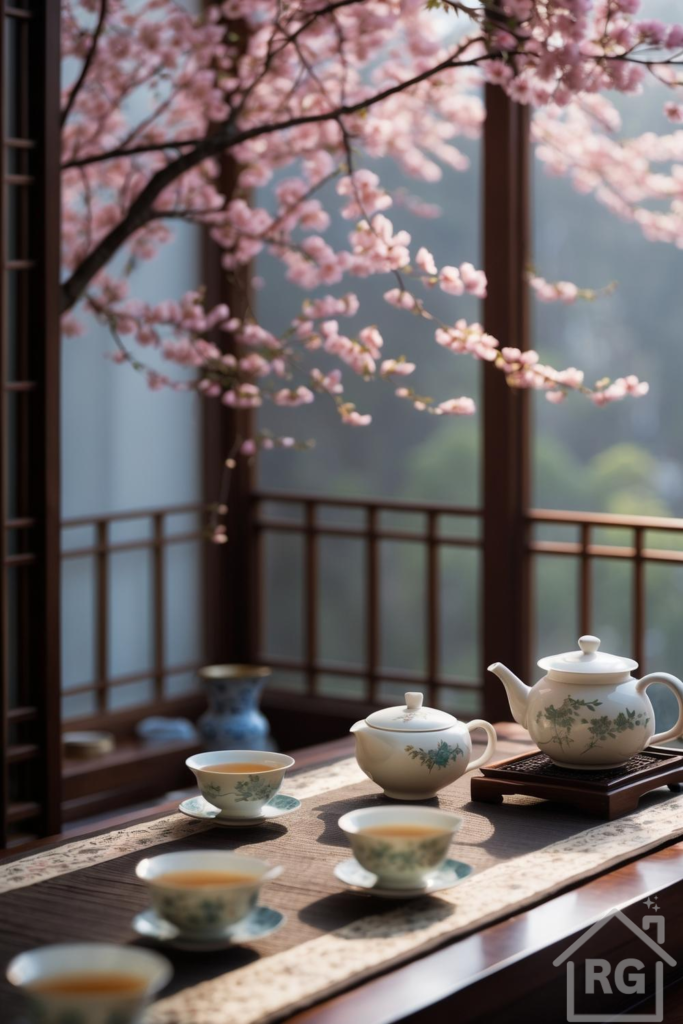 A traditional ceramic tea set rests on a wooden table with a fabric runner, positioned near a window where soft light filters through blooming pink cherry blossom branches.