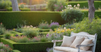 A picturesque cottage garden at sunset featuring a distressed white wooden bench with cream cushions, a winding stone path, and manicured boxwood hedges surrounded by a vibrant array of flowering plants and mature trees.