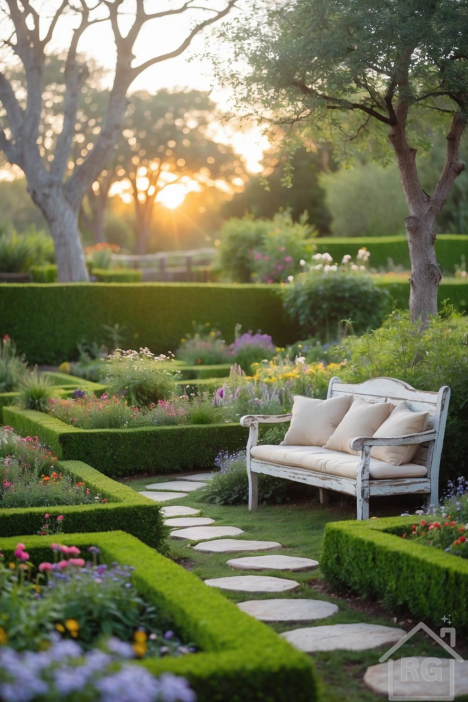A picturesque cottage garden at sunset featuring a distressed white wooden bench with cream cushions, a winding stone path, and manicured boxwood hedges surrounded by a vibrant array of flowering plants and mature trees.