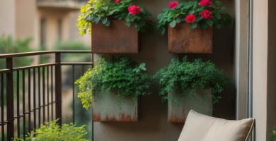 A cozy urban balcony garden featuring a vertical wall of weathered wood and concrete planters filled with lush green foliage and vibrant red flowers. A comfortable beige lounge chair and a small green side table rest on terracotta tiles, creating a serene outdoor retreat.