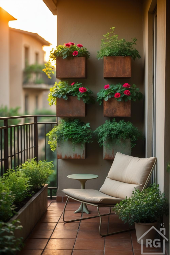 A cozy urban balcony garden featuring a vertical wall of weathered wood and concrete planters filled with lush green foliage and vibrant red flowers. A comfortable beige lounge chair and a small green side table rest on terracotta tiles, creating a serene outdoor retreat.