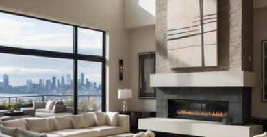 A spacious, modern living room with a high ceiling and large windows overlooking a city skyline. The room features a large cream sectional sofa, a dark wood coffee table, a light-colored area rug, and a prominent floor-to-ceiling stone fireplace with an abstract painting above it.