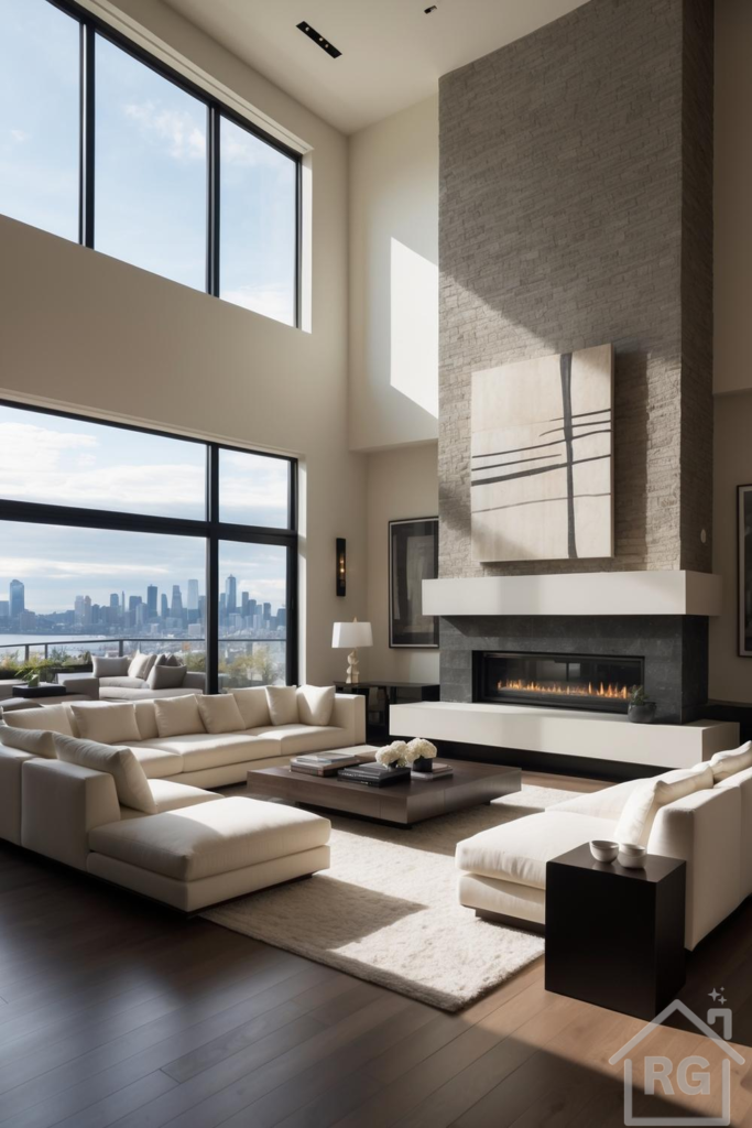 A spacious, modern living room with a high ceiling and large windows overlooking a city skyline. The room features a large cream sectional sofa, a dark wood coffee table, a light-colored area rug, and a prominent floor-to-ceiling stone fireplace with an abstract painting above it.