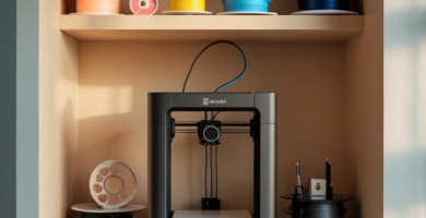 A modern home 3D printing nook featuring a dark gray 3D printer on a light wood shelf, surrounded by colorful spools of filament in bright blue, pink, yellow, and red. The built-in shelving unit provides organized storage for creative projects, with a glimpse of a comfortable gray couch in the foreground.