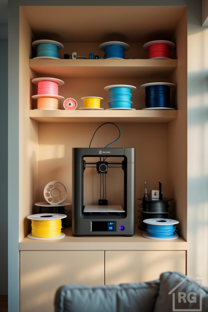 A modern home 3D printing nook featuring a dark gray 3D printer on a light wood shelf, surrounded by colorful spools of filament in bright blue, pink, yellow, and red. The built-in shelving unit provides organized storage for creative projects, with a glimpse of a comfortable gray couch in the foreground.