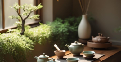 A serene Japanese-inspired tea nook featuring a low wooden table with ceramic tea sets, surrounded by lush green plants and illuminated by a warm paper lantern. The space evokes a sense of calm and natural harmony, perfect for quiet reflection.