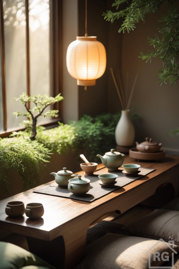 A serene Japanese-inspired tea nook featuring a low wooden table with ceramic tea sets, surrounded by lush green plants and illuminated by a warm paper lantern. The space evokes a sense of calm and natural harmony, perfect for quiet reflection.