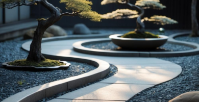A serene Japanese Zen garden featuring a winding light grey stone path, dark grey river pebbles, and two meticulously pruned bonsai trees, one in a large planter bowl, bathed in warm sunlight.