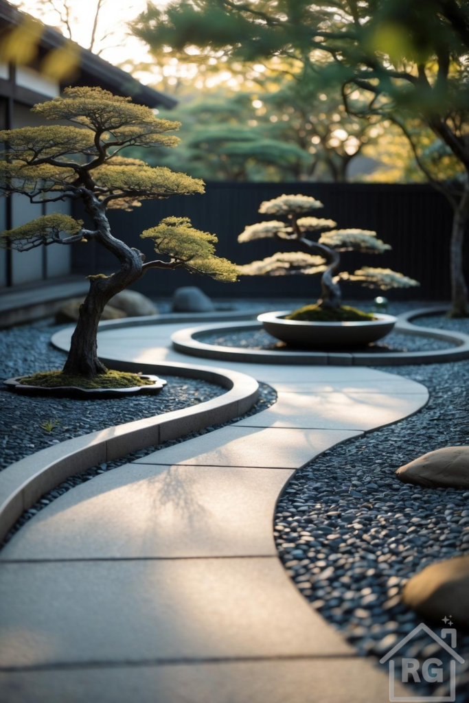 A serene Japanese Zen garden featuring a winding light grey stone path, dark grey river pebbles, and two meticulously pruned bonsai trees, one in a large planter bowl, bathed in warm sunlight.