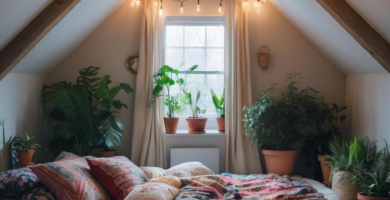 A cozy bohemian attic bedroom features a low-profile bed adorned with an array of colorful patterned pillows and blankets, illuminated by string lights draped across exposed wooden beams. Lush green plants in terracotta pots line the window sill and floor, complementing the vibrant area rug and floor cushions.