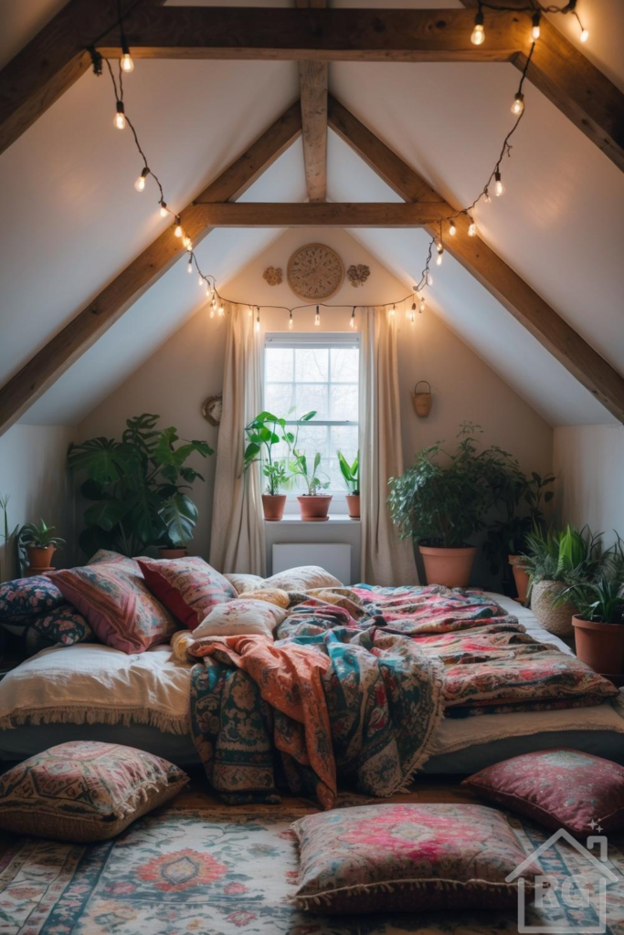 A cozy bohemian attic bedroom features a low-profile bed adorned with an array of colorful patterned pillows and blankets, illuminated by string lights draped across exposed wooden beams. Lush green plants in terracotta pots line the window sill and floor, complementing the vibrant area rug and floor cushions.