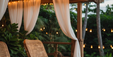 A serene tropical patio featuring a wooden pergola draped with sheer white curtains and string lights, comfortable rattan lounge chairs with white cushions, and a wooden coffee table set on a light grey concrete patio, surrounded by lush green tropical foliage and palm trees.