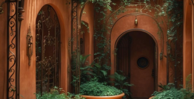 A vibrant solarpunk-inspired courtyard featuring warm terracotta walls, lush green climbing vines, and large clay planters filled with abundant foliage, illuminated by natural light.