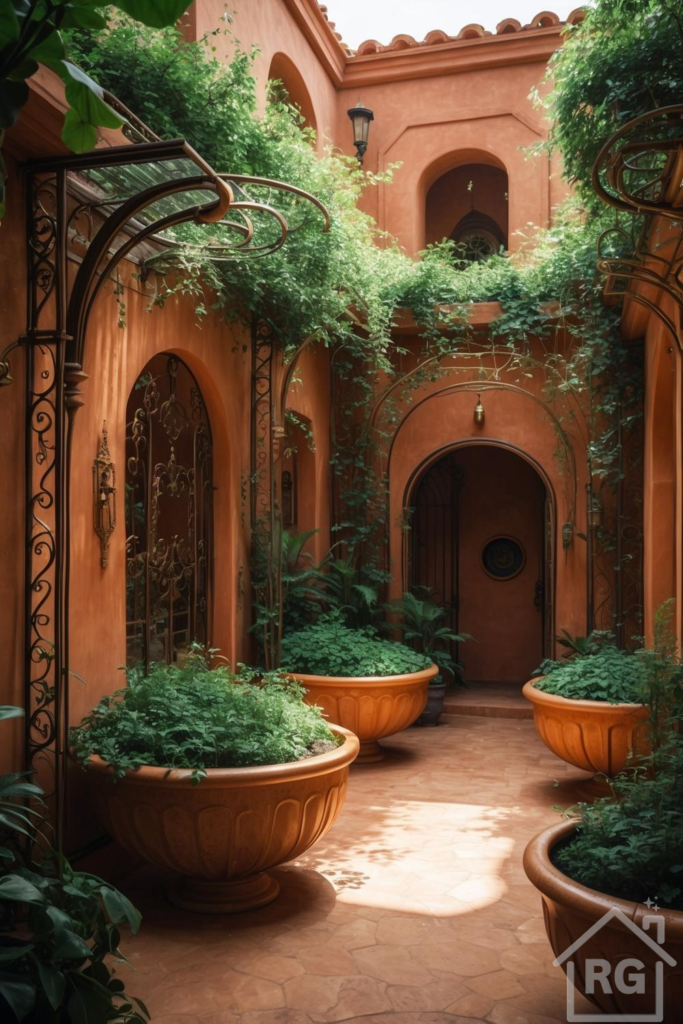 A vibrant solarpunk-inspired courtyard featuring warm terracotta walls, lush green climbing vines, and large clay planters filled with abundant foliage, illuminated by natural light.