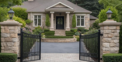 A luxurious home entrance featuring a dark asphalt driveway leading to an open black wrought iron gate flanked by large stone pillars with traditional lanterns. Beyond the gate, a light paver section leads to a stone-faced house with classical columns, surrounded by lush green manicured hedges and mature trees.