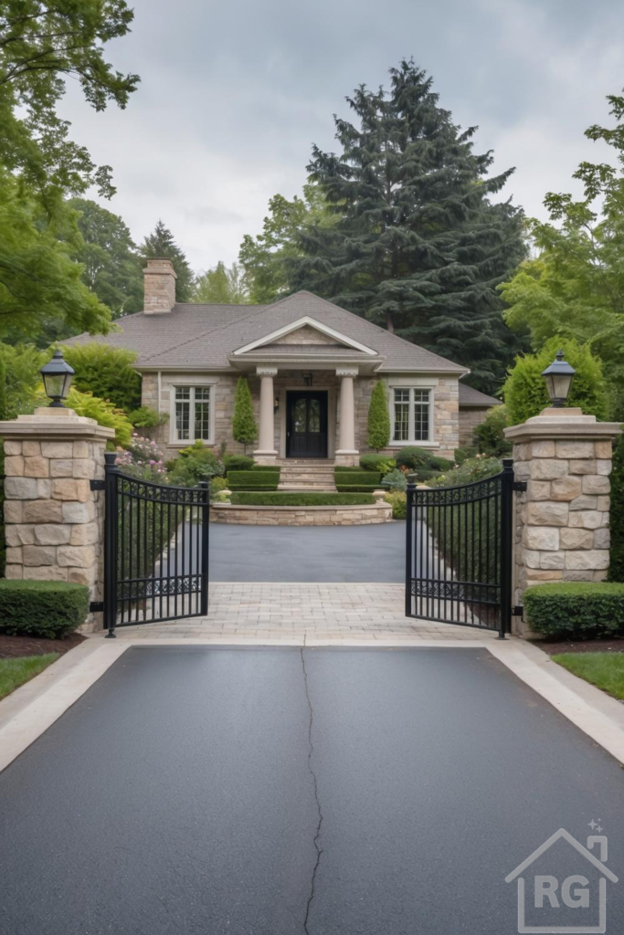 A luxurious home entrance featuring a dark asphalt driveway leading to an open black wrought iron gate flanked by large stone pillars with traditional lanterns. Beyond the gate, a light paver section leads to a stone-faced house with classical columns, surrounded by lush green manicured hedges and mature trees.
