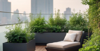 A modern urban rooftop patio featuring a wooden deck, dark grey rectangular planters filled with lush green foliage, a comfortable beige chaise lounge, and a glass panel railing overlooking a city skyline.
