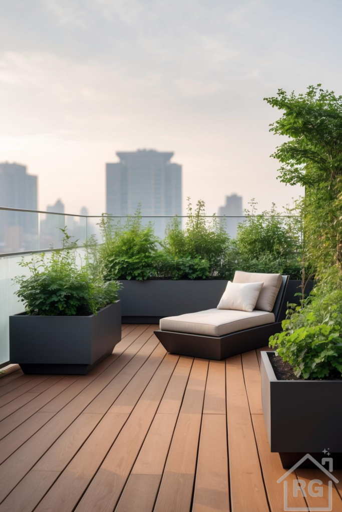 A modern urban rooftop patio featuring a wooden deck, dark grey rectangular planters filled with lush green foliage, a comfortable beige chaise lounge, and a glass panel railing overlooking a city skyline.