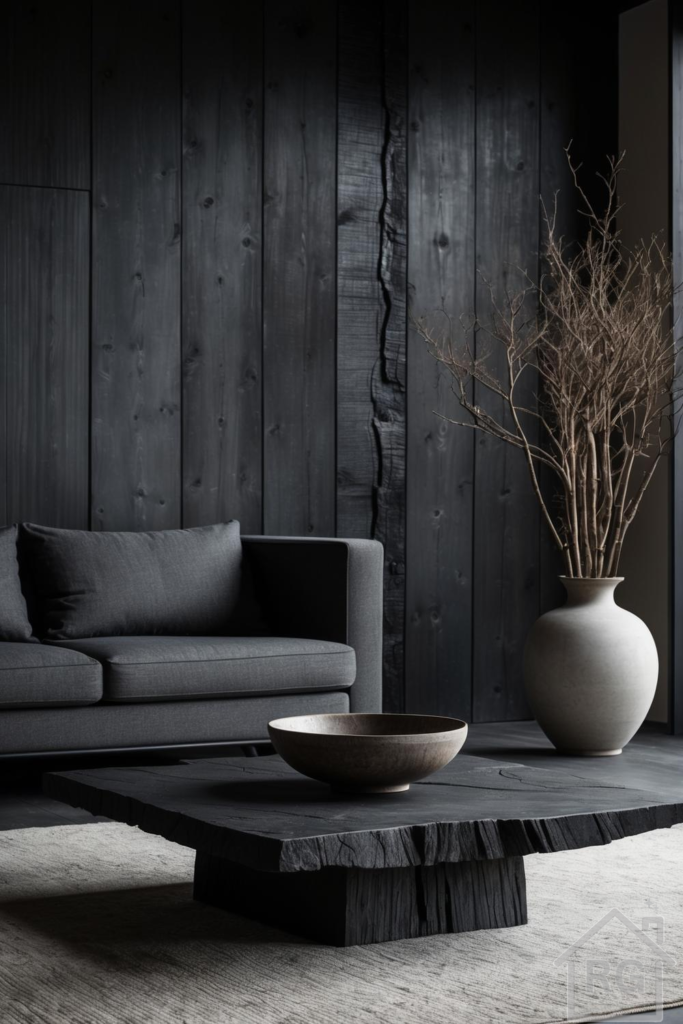 A minimalist Japandi Wabi Sabi living room featuring a dark charcoal shou sugi ban wood paneled wall, a grey fabric sofa, and a raw, dark wood coffee table. A large light ceramic vase with dried branches and a small ceramic bowl complete the serene, earthy aesthetic.