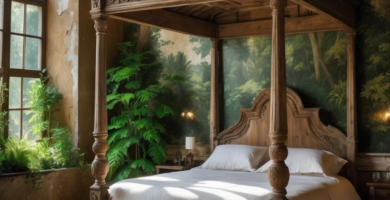 A grand bedroom featuring a carved wooden four-poster bed with white bedding, set against a wall painted with a lush forest mural. Natural light streams in through a large arched window, illuminating distressed walls and reclaimed wood floors, with vibrant green plants adding to the natural ambiance.