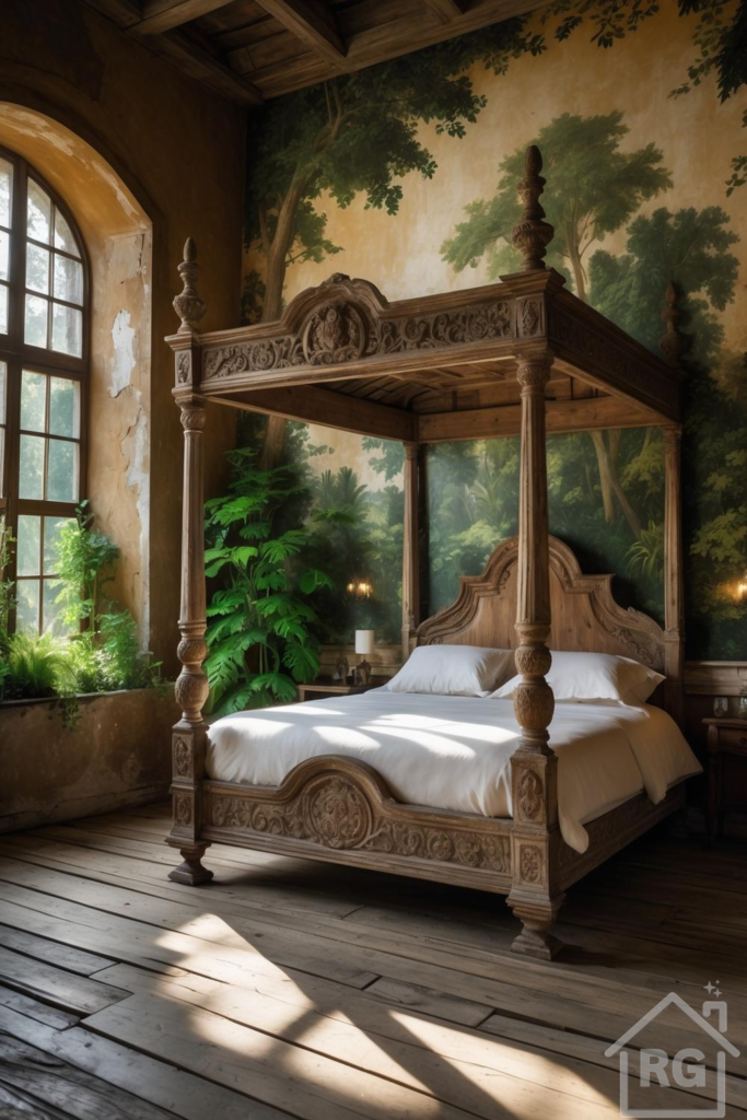 A grand bedroom featuring a carved wooden four-poster bed with white bedding, set against a wall painted with a lush forest mural. Natural light streams in through a large arched window, illuminating distressed walls and reclaimed wood floors, with vibrant green plants adding to the natural ambiance.