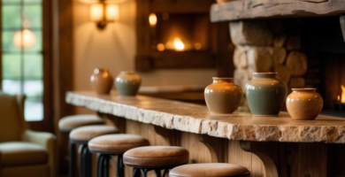 A rustic lodge-style interior features a long wooden bar with leather stools, a stone fireplace, and warm lighting from hanging lanterns and wall sconces. The room is adorned with natural wood beams and earthy ceramic pottery, creating a cozy and inviting atmosphere.