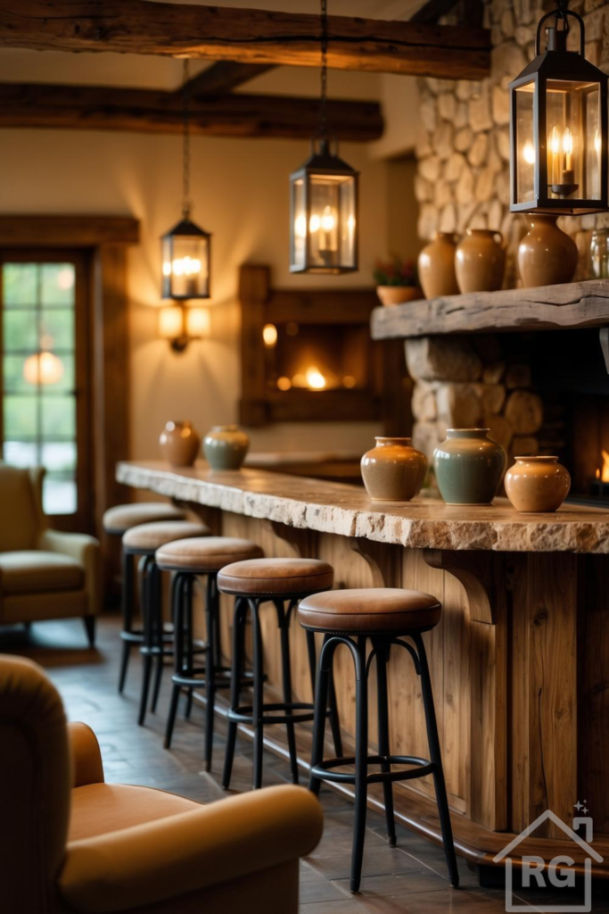 A rustic lodge-style interior features a long wooden bar with leather stools, a stone fireplace, and warm lighting from hanging lanterns and wall sconces. The room is adorned with natural wood beams and earthy ceramic pottery, creating a cozy and inviting atmosphere.