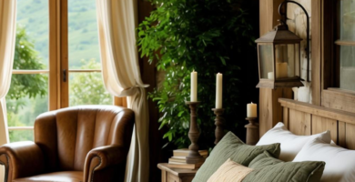 A cozy rustic bedroom features stone walls, exposed wooden beams, and a large window overlooking a green landscape. A bed with a green, brown, and cream quilted bedspread is visible, along with a brown leather armchair and a large green plant.
