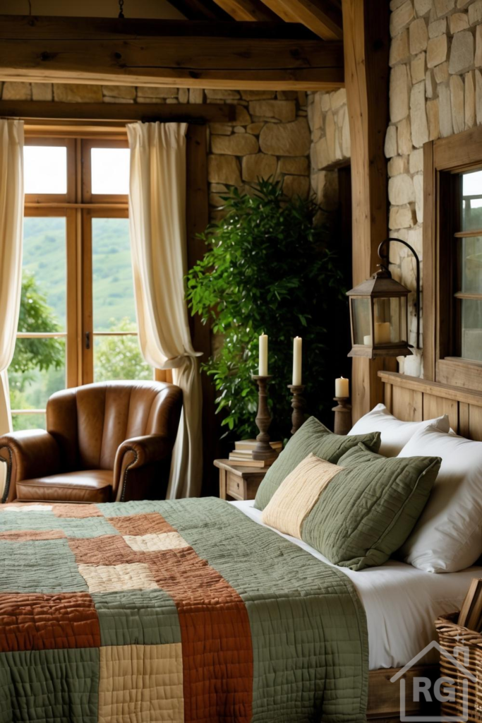 A cozy rustic bedroom features stone walls, exposed wooden beams, and a large window overlooking a green landscape. A bed with a green, brown, and cream quilted bedspread is visible, along with a brown leather armchair and a large green plant.