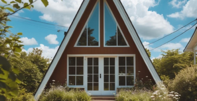 A charming A-frame house with reddish-brown siding and white trim, featuring a winding gravel path leading to its front doors. The naturalistic front yard is filled with lush green grass, ornamental grasses, and various shrubs under a bright blue sky with white clouds.