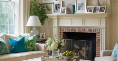 A cozy Colonial-style living room featuring a cream sofa, distressed white coffee table, and a brick fireplace. The room is decorated with teal and green accent pillows, framed art, and fresh flowers, creating a warm and inviting atmosphere.