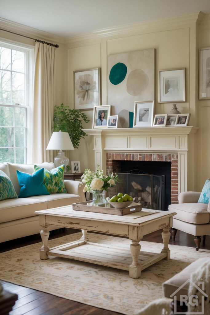 A cozy Colonial-style living room featuring a cream sofa, distressed white coffee table, and a brick fireplace. The room is decorated with teal and green accent pillows, framed art, and fresh flowers, creating a warm and inviting atmosphere.