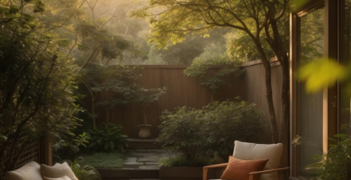 A serene Japandi-style outdoor patio featuring light wooden furniture with cream cushions, a natural fiber rug, and large grey stone pavers, surrounded by lush green foliage and a wooden privacy fence under the soft glow of morning sunlight.