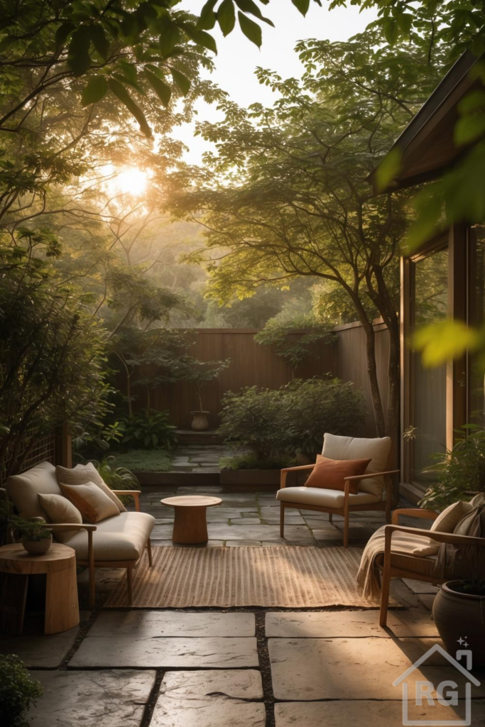 A serene Japandi-style outdoor patio featuring light wooden furniture with cream cushions, a natural fiber rug, and large grey stone pavers, surrounded by lush green foliage and a wooden privacy fence under the soft glow of morning sunlight.