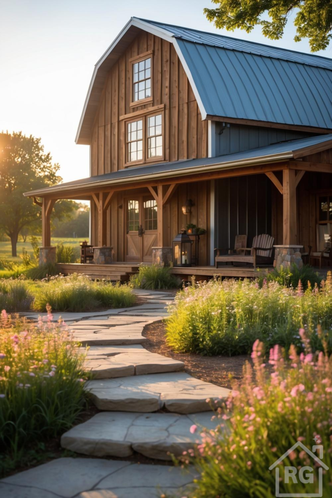 A rustic barndominium with a wide wooden porch, a curved flagstone pathway, and lush garden beds with pink and purple flowers, bathed in golden hour sunlight.