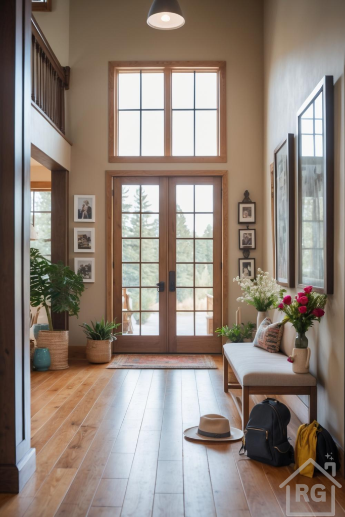 A warm and inviting rustic modern entryway featuring light wood floors, double glass-paned doors, a neutral upholstered bench, and lush green plants in woven baskets. The space is bathed in natural light, showcasing a harmonious blend of natural materials and thoughtful decor.