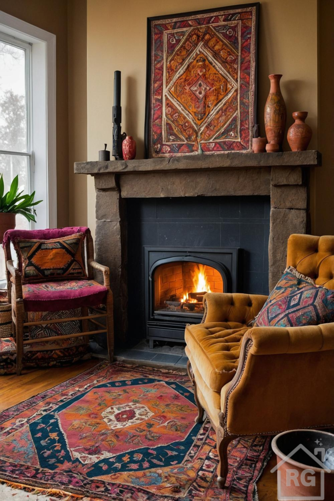 A cozy, bohemian-inspired living room features a stone fireplace with a roaring fire, flanked by a mustard velvet armchair and a wooden accent chair. A vibrant Persian-style rug with deep reds, oranges, and blues covers the hardwood floor, complementing the rich wall tapestry above the mantel.