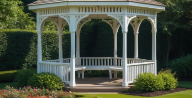 A pristine garden features a classic white wooden gazebo with a light brown shingled roof, surrounded by meticulously manicured green lawns, formal boxwood hedges, and vibrant flower beds under a clear blue sky.